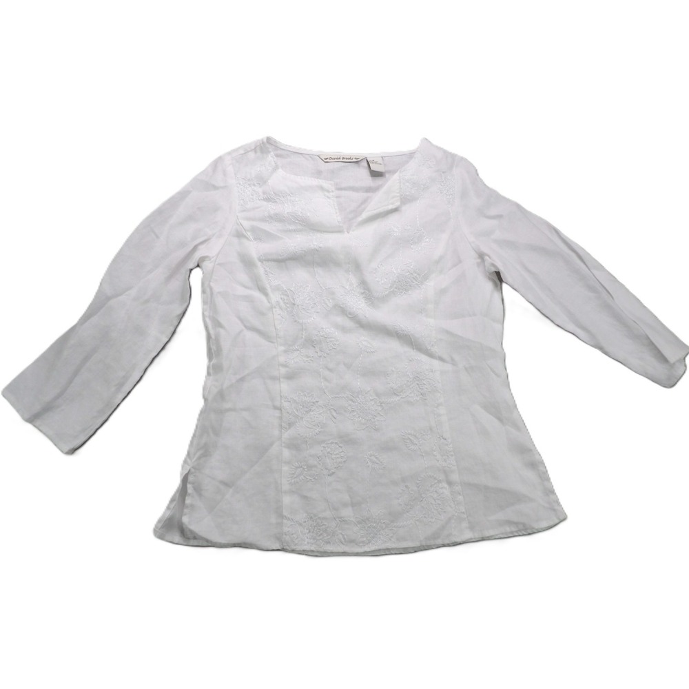 David Brooks Embroidered Split Neck Floral Tunic Blouse Linen Women Medium White